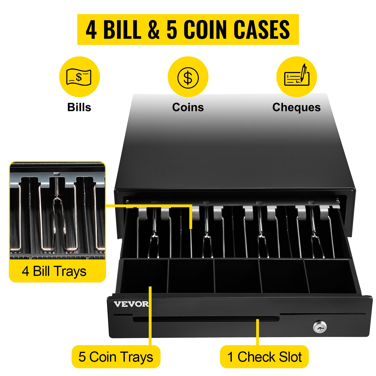 SucceBuy Cash Register Drawer 16" 12 V for POS System Tray Removable Coin Compartment & 2 Keys Included RJ11/RJ12 Cable Drawer