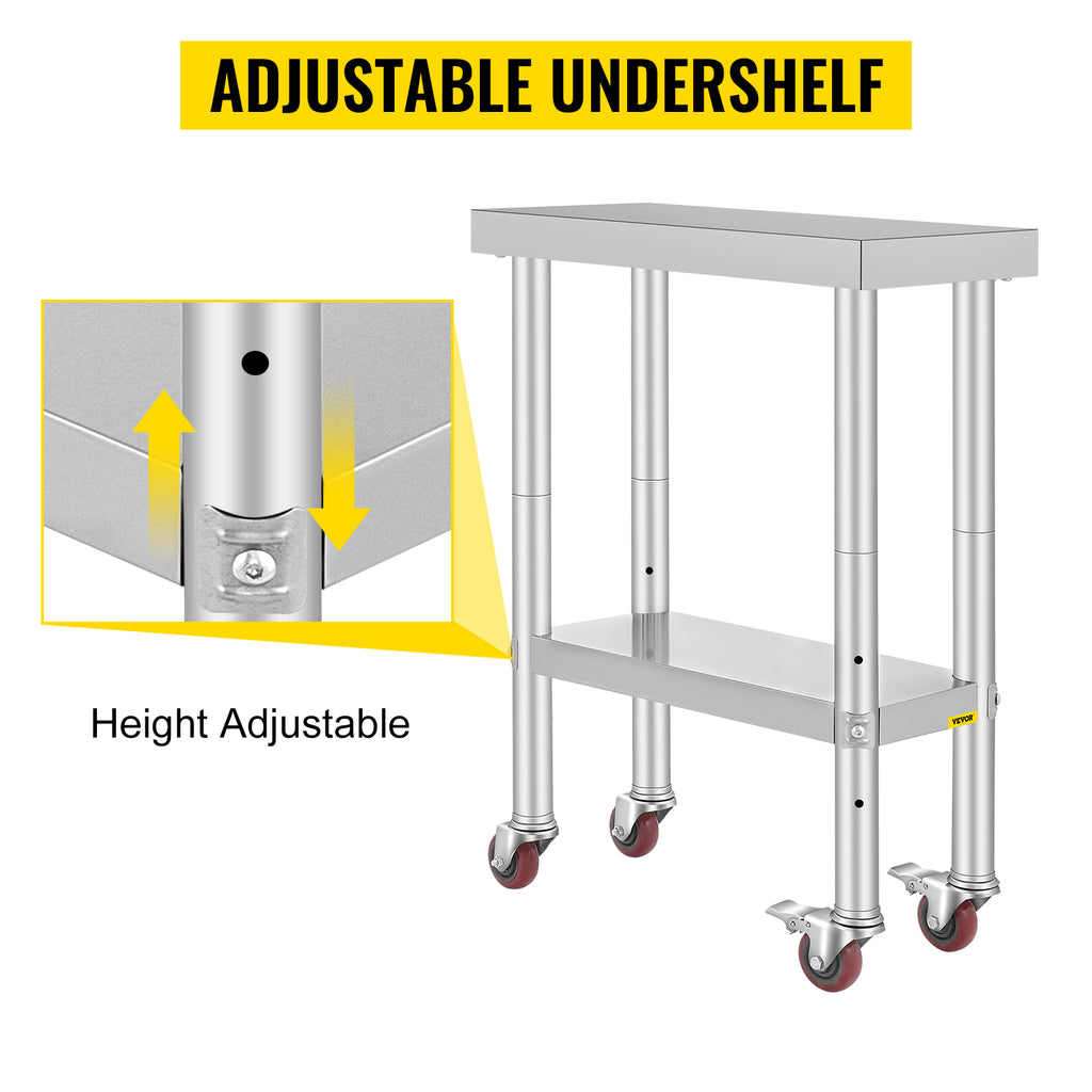 SucceBuy Stainless Steel Kitchen Worktable shelves Commercial Work Bench Table with Caster Wheels for Home Restaurant Storage