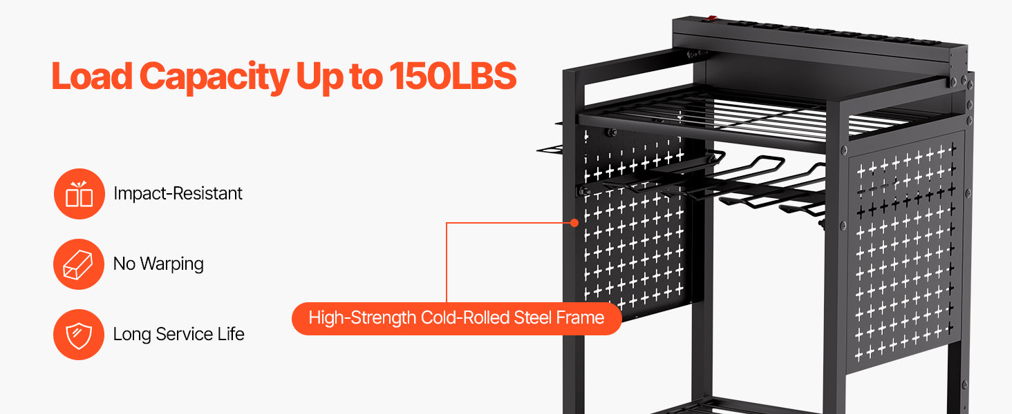 VEVOR 4-tier Tool Organizer Cart with Charging Station 8 AC Outlet Floor Stand Rolling Storage Drill Holder for Workshop Garage
