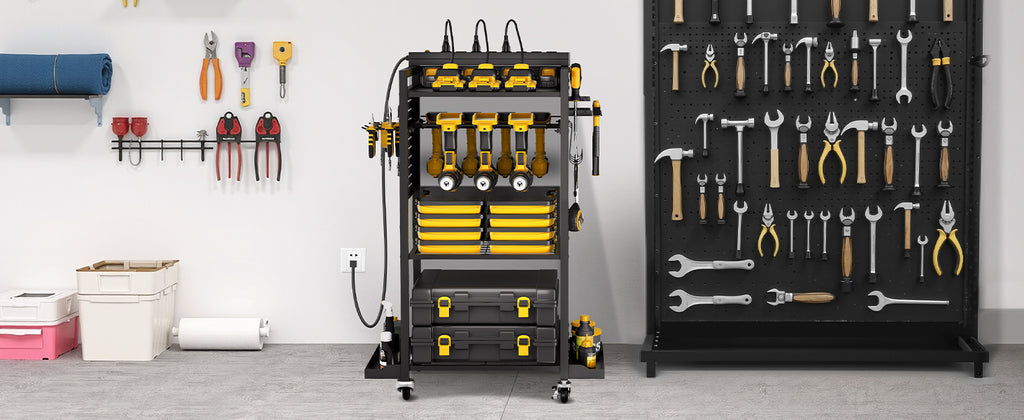 VEVOR 4-tier Tool Organizer Cart with Charging Station 8 AC Outlet Floor Stand Rolling Storage Drill Holder for Workshop Garage