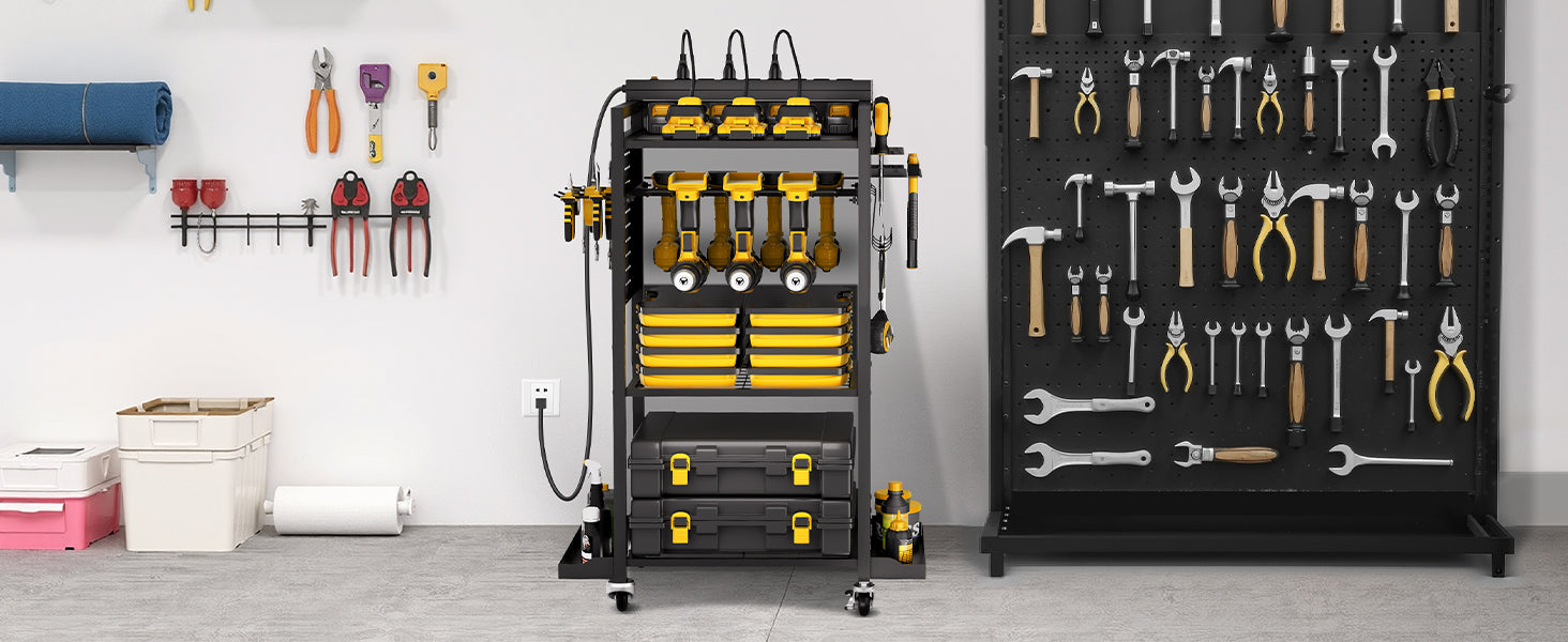 VEVOR 4-tier Tool Organizer Cart with Charging Station 8 AC Outlet Floor Stand Rolling Storage Drill Holder for Workshop Garage