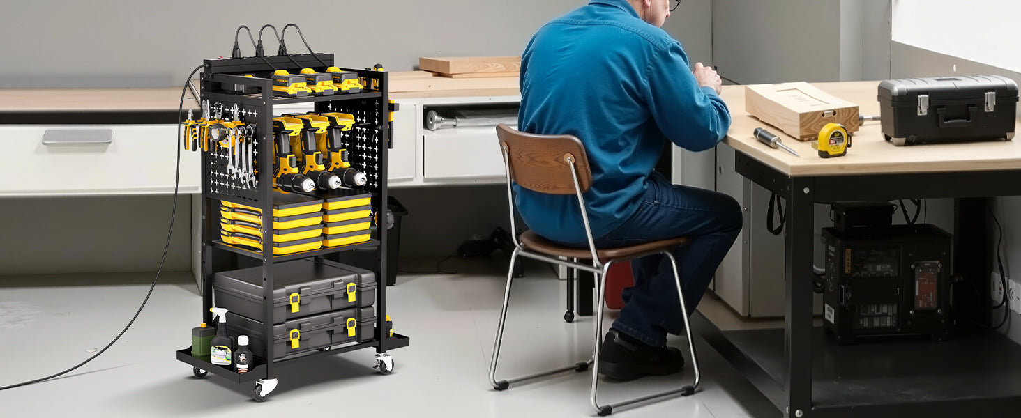 VEVOR 4-tier Tool Organizer Cart with Charging Station 8 AC Outlet Floor Stand Rolling Storage Drill Holder for Workshop Garage