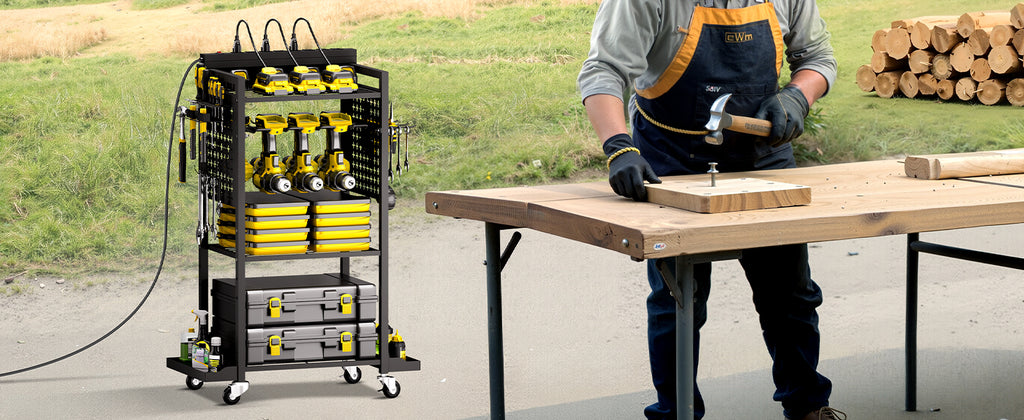 VEVOR 4-tier Tool Organizer Cart with Charging Station 8 AC Outlet Floor Stand Rolling Storage Drill Holder for Workshop Garage