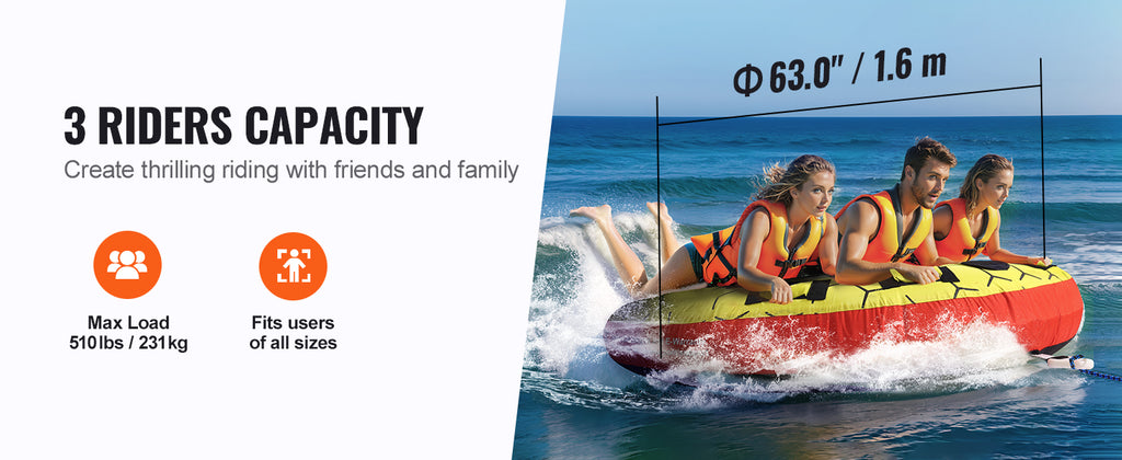SucceBuy Towable Tube for Boating 1-3 People Inflatable Boat Tubes&Towables 63" Round Water Sport Towable Tube for Boat to Pull