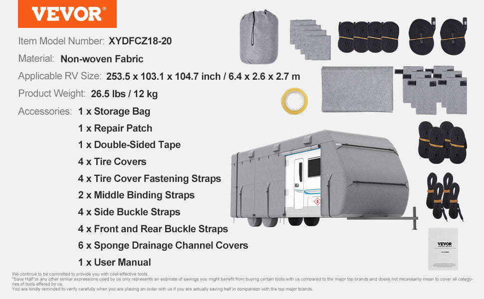 VEVOR Travel Trailer Cover 18-40FT RV Cover 4-Layer Non-Woven Fabric Camper Cover Waterproof Windproof Rip-Stop Class A RV Cover