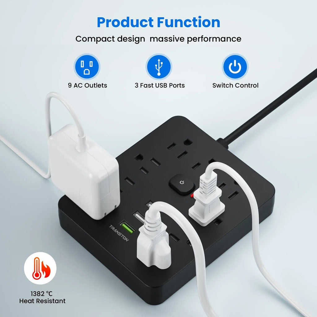 TRANSTON Power Outlet with Surge Protector, 9 power strip 3 USB Ports, 5ft Extension Cord, Quick Charge, For Homeand off - Firu Total Sales