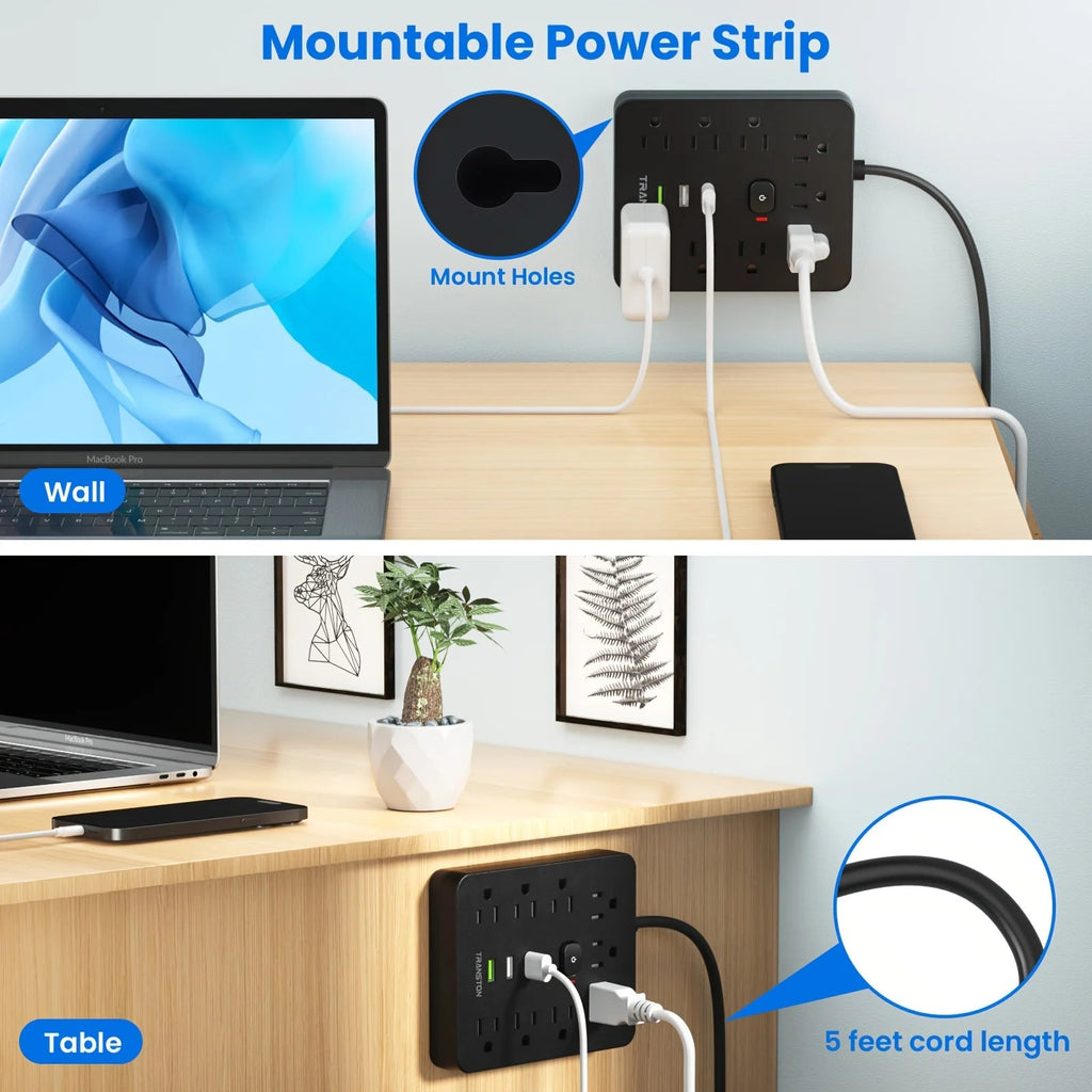 TRANSTON Power Outlet with Surge Protector, 9 power strip 3 USB Ports, 5ft Extension Cord, Quick Charge, For Homeand off - Firu Total Sales