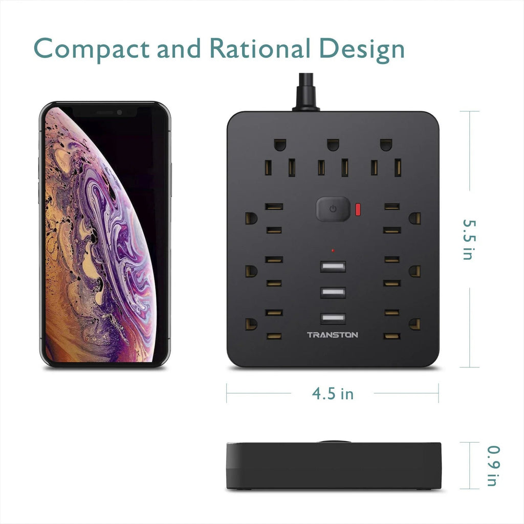 TRANSTON Power Outlet with Surge Protector, 9 power strip 3 USB Ports, 5ft Extension Cord, Quick Charge, For Homeand off - Firu Total Sales