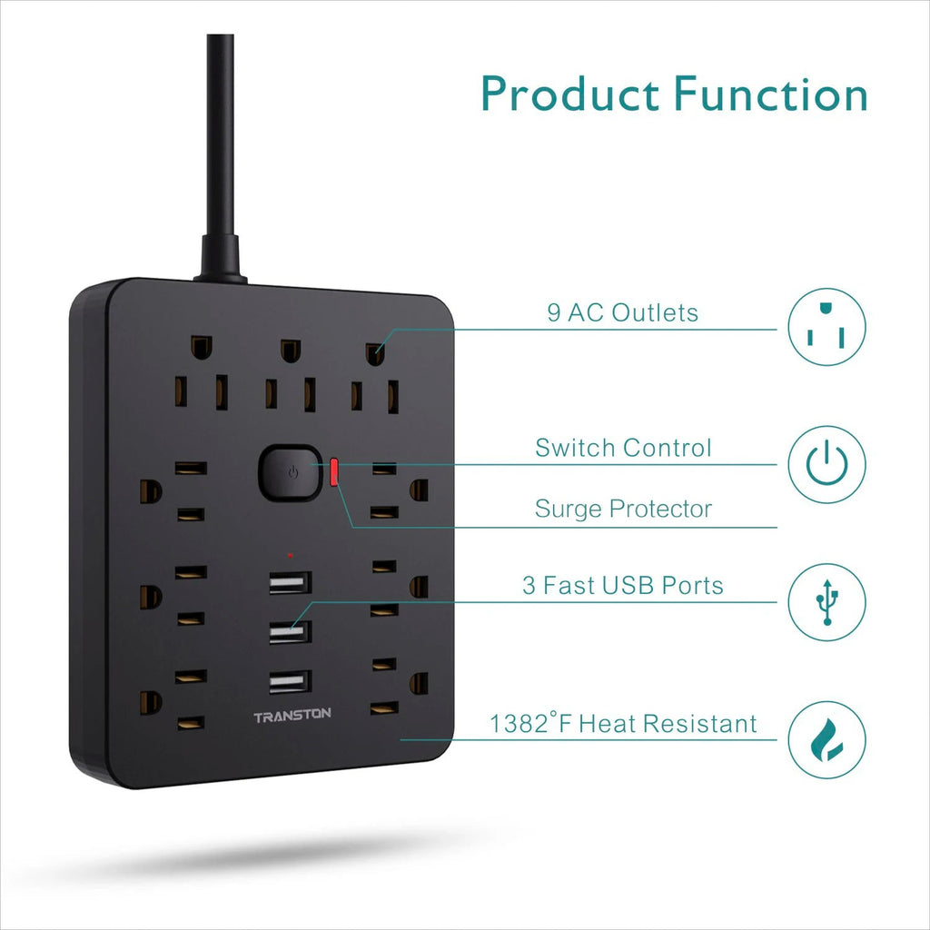 TRANSTON Power Outlet with Surge Protector, 9 power strip 3 USB Ports, 5ft Extension Cord, Quick Charge, For Homeand off - Firu Total Sales