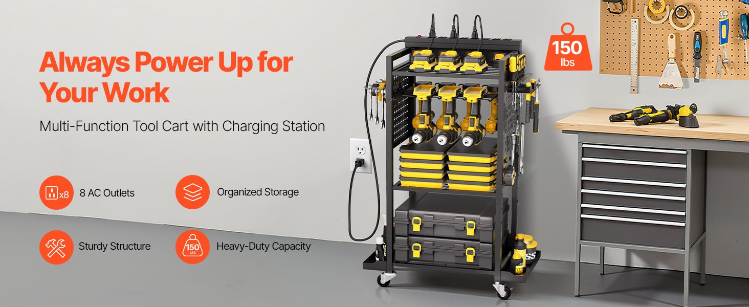 VEVOR 4 - tier Tool Organizer Cart with Charging Station 8 AC Outlet Floor Stand Rolling Storage Drill Holder for Workshop Garage - Firu Total Sales