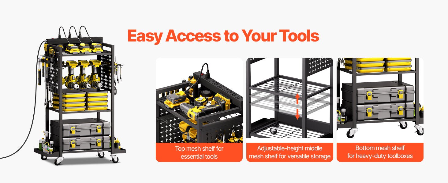 VEVOR 4 - tier Tool Organizer Cart with Charging Station 8 AC Outlet Floor Stand Rolling Storage Drill Holder for Workshop Garage - Firu Total Sales