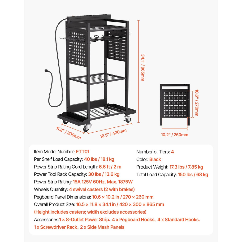 VEVOR 4 - tier Tool Organizer Cart with Charging Station 8 AC Outlet Floor Stand Rolling Storage Drill Holder for Workshop Garage - Firu Total Sales