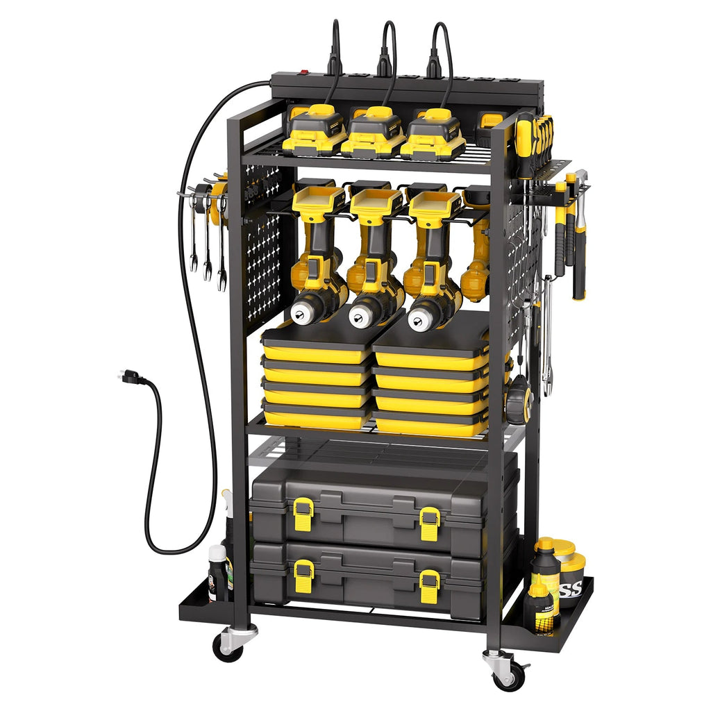 VEVOR 4 - tier Tool Organizer Cart with Charging Station 8 AC Outlet Floor Stand Rolling Storage Drill Holder for Workshop Garage - Firu Total Sales