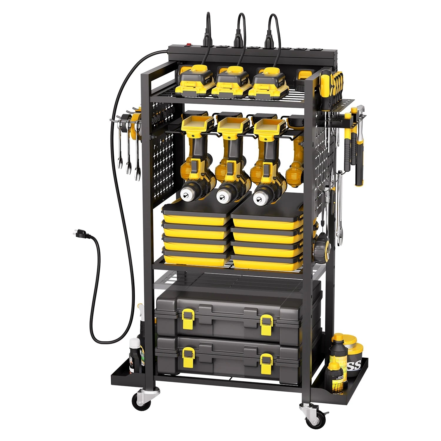 VEVOR 4 - tier Tool Organizer Cart with Charging Station 8 AC Outlet Floor Stand Rolling Storage Drill Holder for Workshop Garage - Firu Total Sales