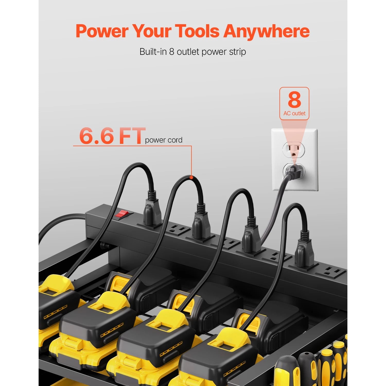 VEVOR 4 - tier Tool Organizer Cart with Charging Station 8 AC Outlet Floor Stand Rolling Storage Drill Holder for Workshop Garage - Firu Total Sales