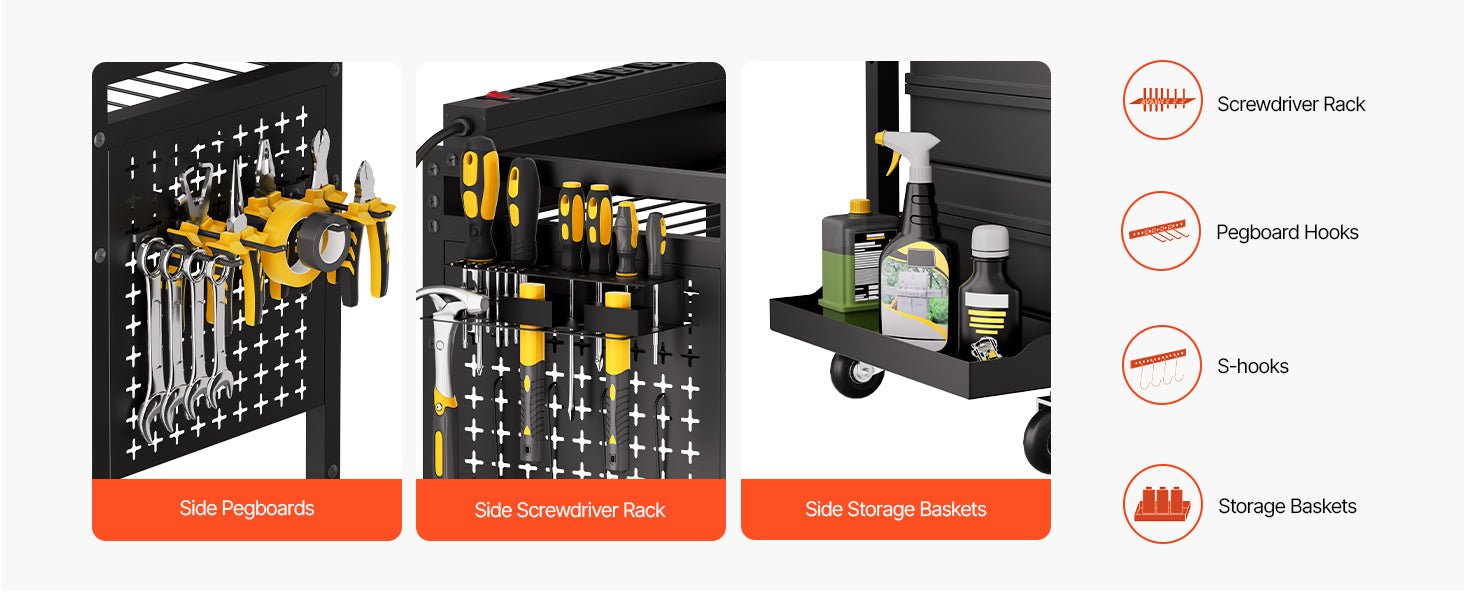 VEVOR 4 - tier Tool Organizer Cart with Charging Station 8 AC Outlet Floor Stand Rolling Storage Drill Holder for Workshop Garage - Firu Total Sales
