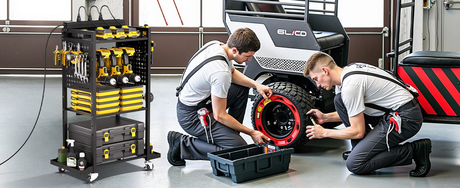 VEVOR 4 - tier Tool Organizer Cart with Charging Station 8 AC Outlet Floor Stand Rolling Storage Drill Holder for Workshop Garage - Firu Total Sales