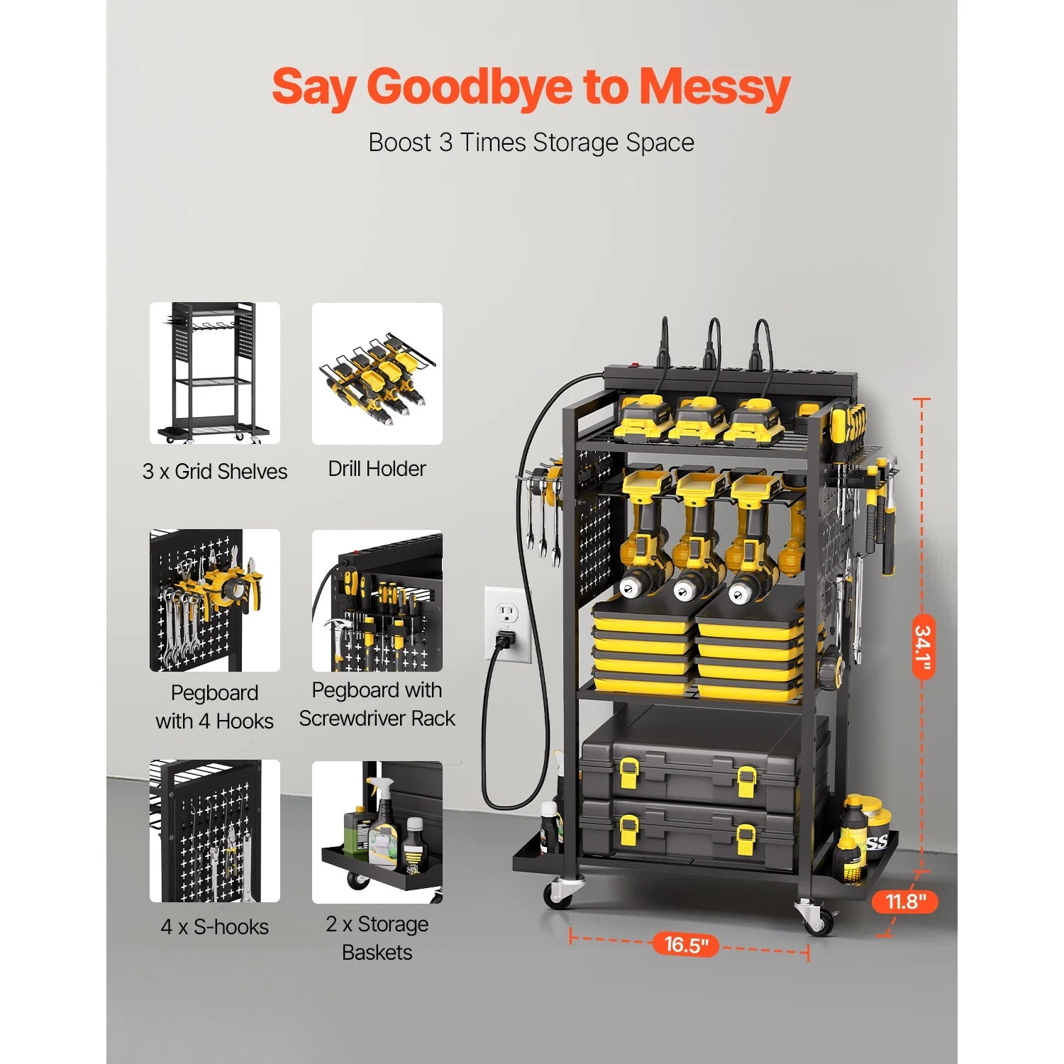 VEVOR 4 - tier Tool Organizer Cart with Charging Station 8 AC Outlet Floor Stand Rolling Storage Drill Holder for Workshop Garage - Firu Total Sales